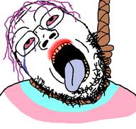 ack bloodshot_eyes crying dead flag:transgender_pride_flag hair hanging lipstick noose purple_hair rope subvariant:gapejak_front tongue tongue_out tranny trans transgender_flag troon troonella variant:gapejak white_background yellow_teeth // 763x722 // 69.2KB
