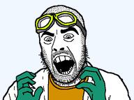 accessory bald beard clean eyebrows glove googles keikeskolchakreichen_(artist) lab_coat looking_down no_explosion no_shading open_eyes open_mouth orange_shirt overcoat rubber_gloves safety_goggles science shaved_hair soyjak stump_hair teeth teeth_showing variant:chemistzo variant:cobson wrinkles // 507x378 // 24.8KB