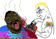 2soyjaks angry arm bajonkistan bajookieland blood bloodshot_eyes blue_eyes brown_skin buff chainsaw closed_mouth crying decapitation fat flag flag:bajonkistan flag:bajookieland glasses hair hand holding_chainsaw holding_object murder mustache nazism open_mouth queen_of_spades side_profile soyjak spade stubble subvariant:chainsaw_bernd swastika tony_zaret tonyzaret variant:bernd variant:chudjak yellow_hair yellow_teeth // 1238x872 // 488.3KB