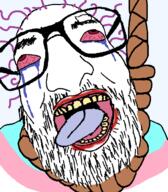 bald beard bloodshot_eyes crying eyebrows glasses hanging lipstick nose open_mouth purple_hair rope soyjak tongue tranny variant:israeli_soyjak yellow_teeth // 584x666 // 47.6KB