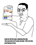 angry arm bleach blue bottle clorox closed_mouth clothes glasses hair hand holding_object ivermectin neck pills shaved soyjak syringe text tshirt vaccine variant:chudjak vince white yellow // 510x638 // 67.2KB