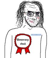 acne arm award closed_mouth glasses hair lifesucksthenyouACK lifesucksthenyoudie looking_at_you makeup nose_piercing ribbon smile smug soyjak stubble tattoo text torso tranny variant:soyak // 548x600 // 150.4KB