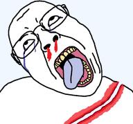 SLICED blood blood_from_nose brutal crying dead glasses gore_test nose_bleed open_mouth rope soyjak stubble template tongue variant:bernd yellow_teeth // 1295x1205 // 49.6KB