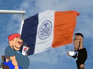 beret brown_skin cup curtis_sliwa drinking flag:new_york_city food gun holding_object necktie new_york_city nyc pepsi politics rice shitskin side_profile straw subvariant:euromutt subvariant:impish_amerimutt variant:impish_soyak_ears variant:markiplier_soyjak zohran_mamdani // 1200x900 // 1.4MB