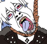 bloodshot_eyes blue_hair clothes crying funamusea glasses hair hanging leather_jacket nortkele_elektron open_mouth rope stubble tranny variant:bernd white_background white_hair // 450x417 // 19.5KB