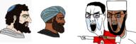 angry brown_skin chad countrywar crying india indian islam israel judaism palestine pointing soyjak swastika variant:chudjak // 3200x1044 // 909.5KB