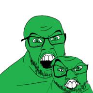 2soyjaks content_aware distorted glasses green_eyes green_skin large_nose looking_at_you raised_eyebrow soyjak stubble subvariant:crazyguyjak teeth variant:feraljak // 1500x1500 // 37.7KB
