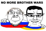 2soyjaks chud_troon_alliance flag flag:russia flag:ukraine front_facing glasses hair hugging no_more_brother_wars russia russian_flag russo_ukrainian_war smile smirk stubble subvariant:chudjak_front ukraine ukrainian_flag variant:bernd variant:chudjak wholesome // 1024x693 // 209.8KB