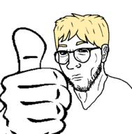 blue_eyes glasses hair soyjak stubble template thumbs_up trend:aryan variant:thunderf00t yellow_hair // 529x538 // 13.1KB