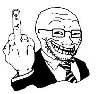 clothes glasses grin looking_at_you middle_finger open_mouth retro_50s_middle_finger_guy smile smug soyjak stubble suit teeth trollface tuxedo variant:soyak white_background // 734x711 // 7.4KB