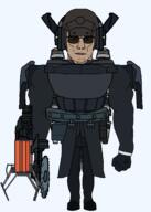 Jetpack armor brown_hair buzzsaw buzzsaw_mutant_toilet eyebrows full_body glasses headphones helmet katana laser orange_eyes series:g-squad skibidi skibidi_toilet skibidi_toilet_77 smirk subvariant:muscular_chud toilet trenchcoat variant:chudjak white_shirt // 1500x2100 // 68.8KB
