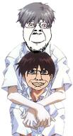angel_(evangelion) anime arm blue_eyes brown_hair chud closed_mouth clothes collared_shirt ear edit friendship gay glasses grey_hair hair hand ikari_shinji mustache nagisa_kaworu neon_genesis_evangelion red_eyes smile soyjak stubble subvariant:chudjak_front variant:bernd variant:chudjak white_background white_skin yaoi // 422x789 // 321.5KB