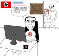 3soyjaks clothes computer ear flag full_body glasses hair internet_computer nazism old pol_(4chan) ronald_reagan russo_ukrainian_war soyjak speech_bubble subvariant:pol_face swastika text tranny ukraine variant:chudjak // 2250x2144 // 774.0KB