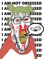 4chan angry anime antenna blood bloodshot_eyes clenched_teeth clothes ear glasses green_hair hair mustache nosebleed open_mouth red_eyes reddit rent_free soyjak stubble subvariant:feralrage text thought_bubble variant:feraljak variant:snoojak vein yellow_teeth yotsoyba // 892x1197 // 492.5KB