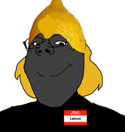 clothes eyelashes femboy femjak glasses gray_skin hair hat hello_my_name_is_(sticker) lemon lemon_(user) smile soyjak subvariant:gapejak_female variant:gapejak yellow_hair // 940x992 // 217.6KB