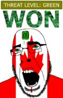 ahegao canada country emerald flag flag:canada gem glasses green green_eyes hair leaf looking_up open_mouth plant schlog_color_event soyjak soyjak_blog stubble teeth text threat_level_green variant:cobson won // 721x1115 // 149.0KB