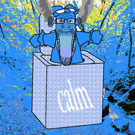 angry arm bloodshot_eyes blue blue_skin box calm closed_mouth clothes ear fume glasses hand hat jester ogre_ears smoke soyjak stretched_chin stubble subvariant:longplier text toy variant:markiplier_soyjak // 2000x2000 // 2.0MB