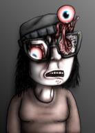 anti_soytan beanie blue_eyes broken_glasses clothes drawn_background eyeball eyes female glasses gore hair scared shadow variant:soytan zombie // 572x794 // 353.4KB