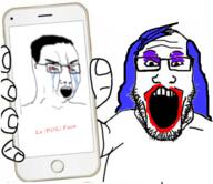 2soyjaks arm bloodshot_eyes blue_hair clothes crying glasses hair hand holding_object holding_phone iphone makeup open_mouth pol_(4chan) soyjak stubble subvariant:phoneplier subvariant:phoneplier_vertical text tranny tshirt variant:chudjak variant:markiplier_soyjak // 480x415 // 150.3KB