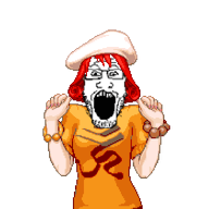ace_attorney animated bracelet clothes curly_hair excited fast female hat ini_miney pixel_art red_hair soyjak sprite_edit variant:markiplier_soyjak video_game // 1000x750 // 115.4KB