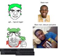 4chan a_(4chan) african_american anime clover dark_skin hair happy madthad0890 nigger oldfag pedophile subvariant:chudjak_front variant:chudjak variant:israeli_soyjak waifufag yotsoyba // 1516x1444 // 942.7KB