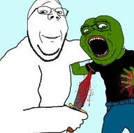 2soyjaks animal_abuse arm blood closed_mouth frog glasses green_skin hand holding_knife holding_object knife pepe smile soyjak stab stubble subvariant:wholesome_soyjak variant:gapejak // 399x396 // 115.5KB
