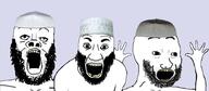 3soyjaks arab arm beard clothes hand hands_up islam looking_at_you missing_teeth open_mouth taqiyah trio variant:a24_slowburn_soyjak variant:el_perro_rabioso variant:soyak yellow_teeth // 918x403 // 242.0KB