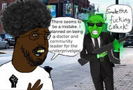 afro black_lives_matter black_skin blm_logo central_intelligence_agency clothes crack crack_epidemic drugs glowing glownigger green_skin gun hand irl_background suit trend:glowie variant:feraljak weapon wrinkles // 1024x698 // 408.3KB