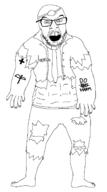 arm clothes cross doctor full_body glasses hand leg mustache open_mouth soyjak stubble text variant:feraljak // 900x1621 // 46.0KB