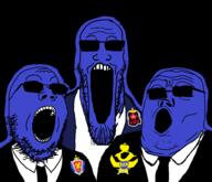 3soyjaks beard blue_skin clothes fsb glasses glowie glowing gru hair open_mouth russia soyjak soyjak_trio stretched_mouth stubble sunglasses svr teeth variant:gapejak variant:markiplier_soyjak variant:tony_soprano_soyjak // 968x832 // 42.7KB