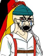 bloodshot_eyes clothes country crying ear flag flag:germany germany glasses hat open_mouth soyjak stubble thick_eyebrows tracht tyrolean_hat variant:cryboy_soyjak // 1039x1353 // 234.9KB