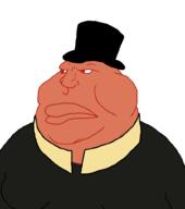 angry armeniroach black_shirt closed_mouth clothes collar fat fat_controller gynaecomastia lips orange_skin pink_skin porky soyjak thomas_the_tank_engine top_hat variant:meximutt // 888x1000 // 15.5KB