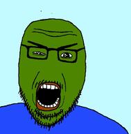 angry blue_shirt clothes frog gem glasses green_skin lips mustache oh_my_god_she_is_so_attractive open_mouth pepe soyjak stubble variant:wheatonjak // 708x720 // 62.7KB