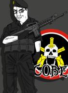 beret black_clothing black_pants bope full_body glasses glove grey_background gun holding_object knife looking_to_the_right shading shadow skull smile uniform variant:chudjak variant:markiplier_soyjak weapon white_skin // 1391x1900 // 368.1KB