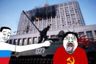 arm beard blood burning closed_mouth clothes dead flag flag:russia flag:soviet_union glasses gun hair hand holding_object irl_background open_mouth russia shooting smirk soviet_union soyjak stubble tank tongue tshirt variant:bernd variant:chudjak weapon yellow_teeth // 602x401 // 943.6KB