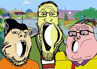 3soyjaks building candy clothes cul_de_sac distorted ed_edd_n_eddy glasses hair hat jawbreaker open_mouth soyjak stubble trend:soyjak_trio variant:gapejak variant:markiplier_soyjak variant:tony_soprano_soyjak white_skin yellow_skin // 1024x724 // 137.9KB