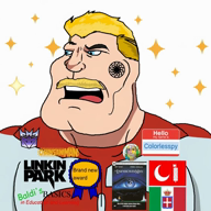 a10_eyes aryan blonde_facial_hair blonde_mustache blue_eyes butt_chin cape collarbone colorlesspy(nameroach) eyes_blue_like_the_atlantic eyes_like_the_o-o-cean hello_my_name_is_(sticker) invincible_(show) linkin_park meta:ai_generated meta:namefags meta:self_insert nas:award omni_man open_eyes open_mouth sparkle subvariant:mexiaryan trend:aryan variant:meximutt yellow_hair // 560x560, 6s // 1.2MB