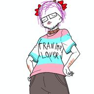 anime beard closed_eyes closed_mouth flag:transgender_pride_flag glasses hanging kagami_hiiragi lucky_star meta:not_oc purple_hair ribbon rope scar scars self_harm soyjak suicide tranny transgender_flag troon variant:unknown // 2560x2560 // 1.4MB