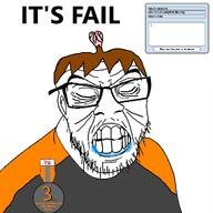award badge beard brainlet chud_(boorufag) chud_(soybooru) closed_eyes clothed clothes comment dan drool ear eyebrows fail glasses hair small_brain stubble teeth teeth_showing text variant:feraljak // 1025x1024 // 249.0KB