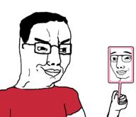 2soyjaks alternate arm clothes glasses hair hand handsome holding_object mirror smile smug soyjak tshirt variant:chudjak // 1224x1052 // 23.8KB