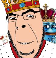 2soyjaks amphibian blue_skin closed_mouth clothes crown frog gem glasses hand hat king looking_down nas:pepe pepe pepe_the_frog robe scepter smile smug soyjak stubble subvariant:soyak_(smug) variant:cobson variant:soyak white_skin // 676x707 // 256.3KB