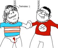 2soyjaks anhero arm blood closed_mouth clothes ear flag glasses hair hanging redraw rope smile soyjak stubble suicide_pact swastika text tongue tranny variant:bernd variant:chudjak // 500x409 // 29.1KB