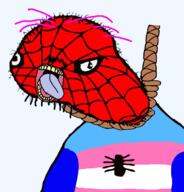 ack flag flag:transgender_pride_flag hanging mustache open_mouth purple_hair rope soyjak spiderman stubble suicide tongue tranny variant:bernd yellow_teeth // 1147x1200 // 629.3KB
