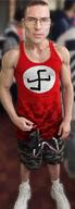 ai_but_not_completely_ai_doe blurred_background buff clothes full_body glasses hair irl meta:tagme muscles nazism patrick_crusius red_shirt shoe shorts subvariant:unbotheredchud swastika unbothered variant:chudjak // 312x863 // 396.8KB