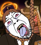 armband background bloodshot_eyes brown_hair clothes crying dead glasses hanging hod lobotomy_corporation long_hair necktie open_mouth projectmoon rope soyjak stubble suicide suit tongue variant:bernd video_game white_skin yellow_teeth // 820x900 // 499.6KB