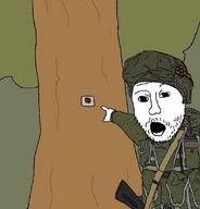 button camouflage forest gun military military_uniform open_mouth pointing ribbon_of_saint_george russia russo_ukrainian_war soldier soyjak tree variant:two_pointing_soyjaks wood // 1060x1106 // 111.7KB