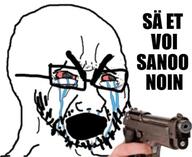 bloodshot_eyes crying finnish_text glasses gun open_mouth soyjak stubble variant:cryboy_soyjak // 527x431 // 30.6KB