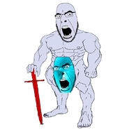 2soyjaks blue_skin buff censored fist full_body gem gem_skin glasses holding_object holding_sword looking_at_you open_mouth soyjak stubble sword variant:cobson weapon // 863x863 // 185.8KB