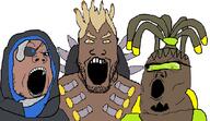 3soyjaks activision_blizzard ana_(overwatch) black_skin brown_skin eyepatch glasses grey_hair hair junkrat_(overwatch) lucio_(overwatch) overwatch soyjak soyjak_trio stubble variant:gapejak variant:markiplier_soyjak variant:tony_soprano_soyjak video_game yellow_hair // 842x485 // 128.5KB