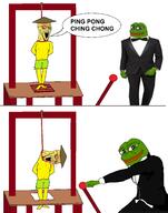 amphibian angry blood buck_teeth china chunk clothes crying execution frog green_pants green_skin hat lever nas:pepe noose pepe_the_frog rope speech_bubble tuxedo variant:soyak yellow_skin // 1792x2276 // 333.7KB